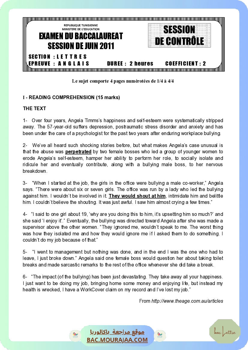 Sujet controle anglais Bac 2011 – Section lettre